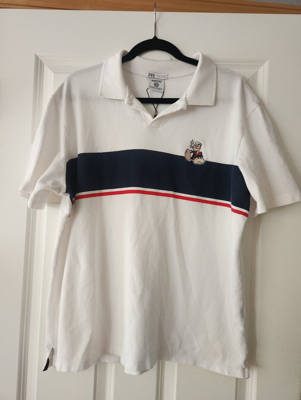 Zara White Polo with Navy Chest Panel and Red Stripe